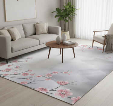 Grey vinyl rug with cherry blossoms and mountains - TenStickers