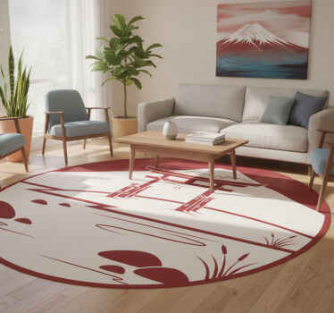 Tappeto vinile rosso struttura giapponese con lago e monti - TenStickers
