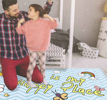 Happy place tapete personalizado para quarto. Padrão de linha ondulada com tons de azul claro e escuro. Ilustração bonito dos desenhos animados de pequenos animais e arco-íris.