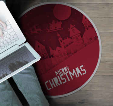 This Christmas vinyl rug features a picture of Santa flying through a town on his sleigh with the text 'Merry Christmas' across the bottom.