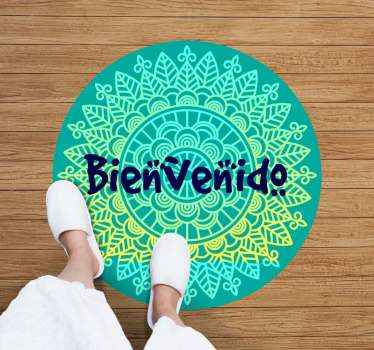 Frase padrão seja bem-vindo tapete de vinil de mandala. Projeto de mandala inspirado em plantas com efeitos holográficos. Paleta de cores verdes!