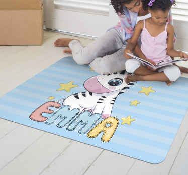 Alfombra vinilo azul de cebra con nombre - TenVinilo