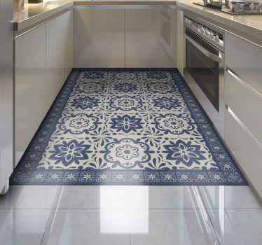Tapis lino cuisine thème floral hydraulique bleu - TenStickers