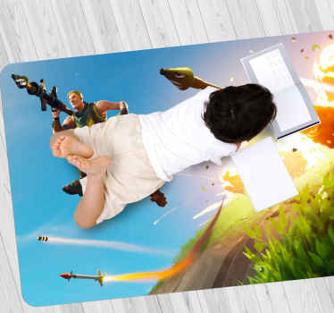 Tapete de vinil fortnite jump game. Um personagem com bazuca pulando de uma explosão! produtode videogame. Obtenha com frete imediato!