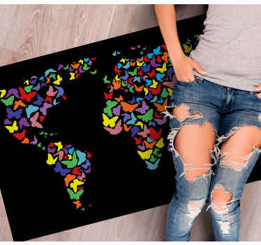 Tapis vinyle carte du monde papillons colorés - TenStickers