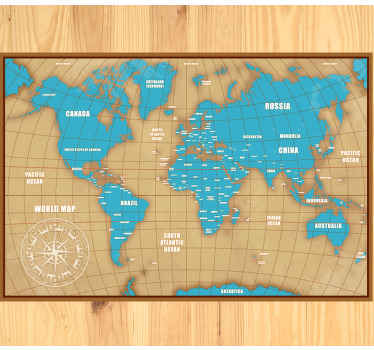 Alfombra de vinilo mapamundi Tierra azul en un marco marrón - TenVinilo