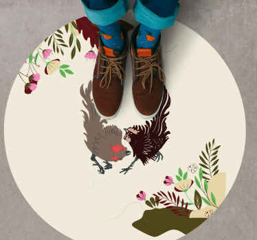 Alfombra vinilo redonda Gallos con hojas y flores. - TenVinilo