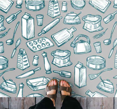 Utensils on gray background kitchen floor tiles - TenStickers