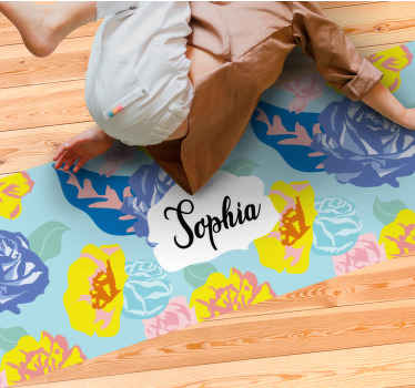 Moderne blått og gult mønster vinyl teppe med navn - Tenstickers