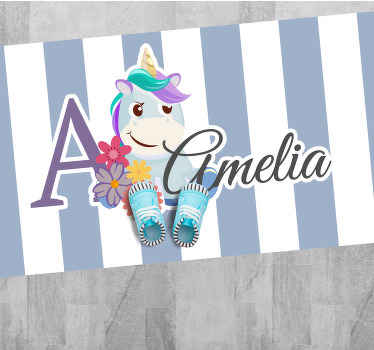 Alfombra vinílica infantil unicornio rayado con nombre - TenVinilo