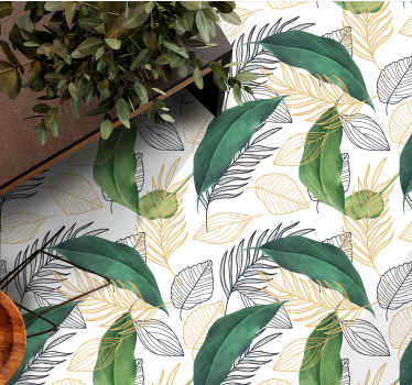 Alfombra vinílica flores Hojas verdes y doradas con dibujos de ar - TenVinilo