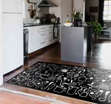 Alfombra cocina elementos blanco y negro - TenVinilo