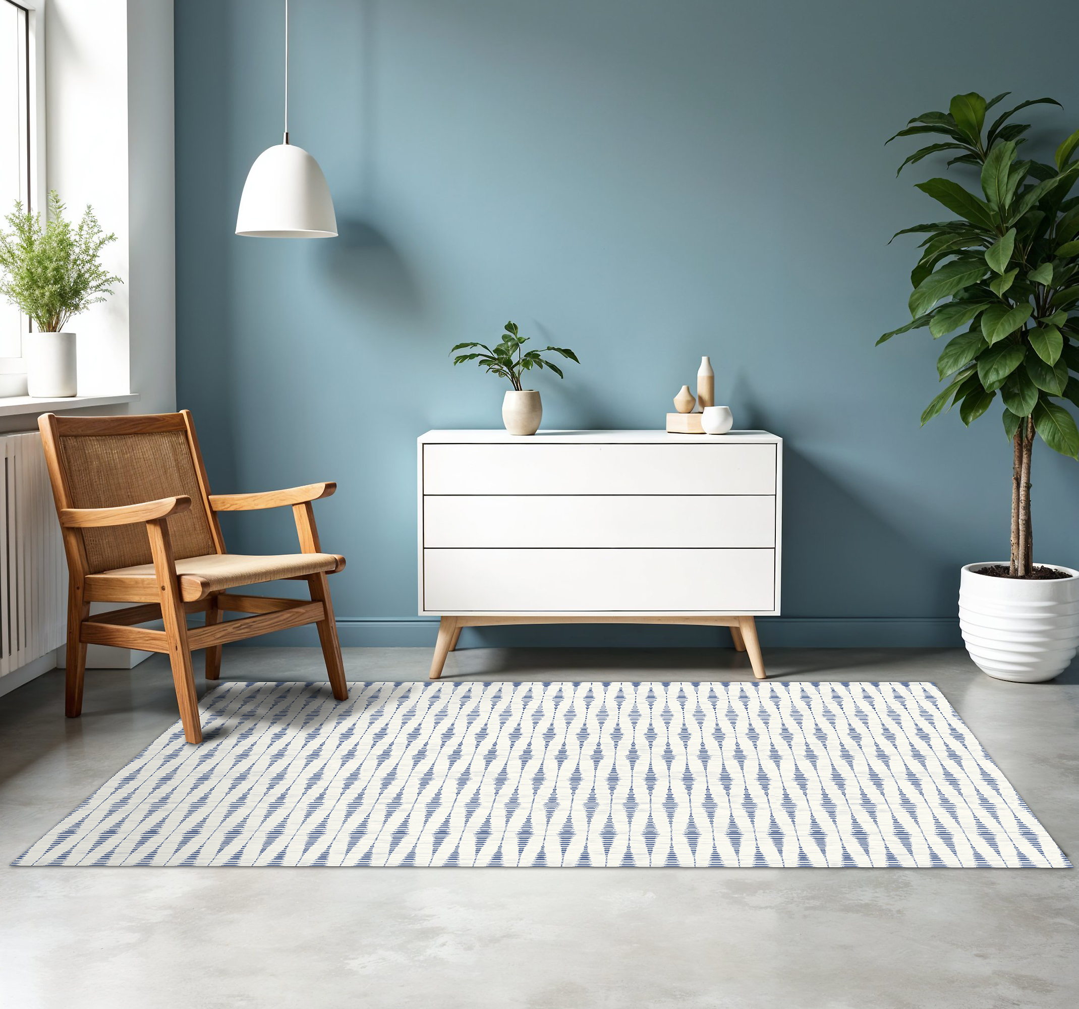 Tapis vinyle design moderne rabaul ikat bleu et beige