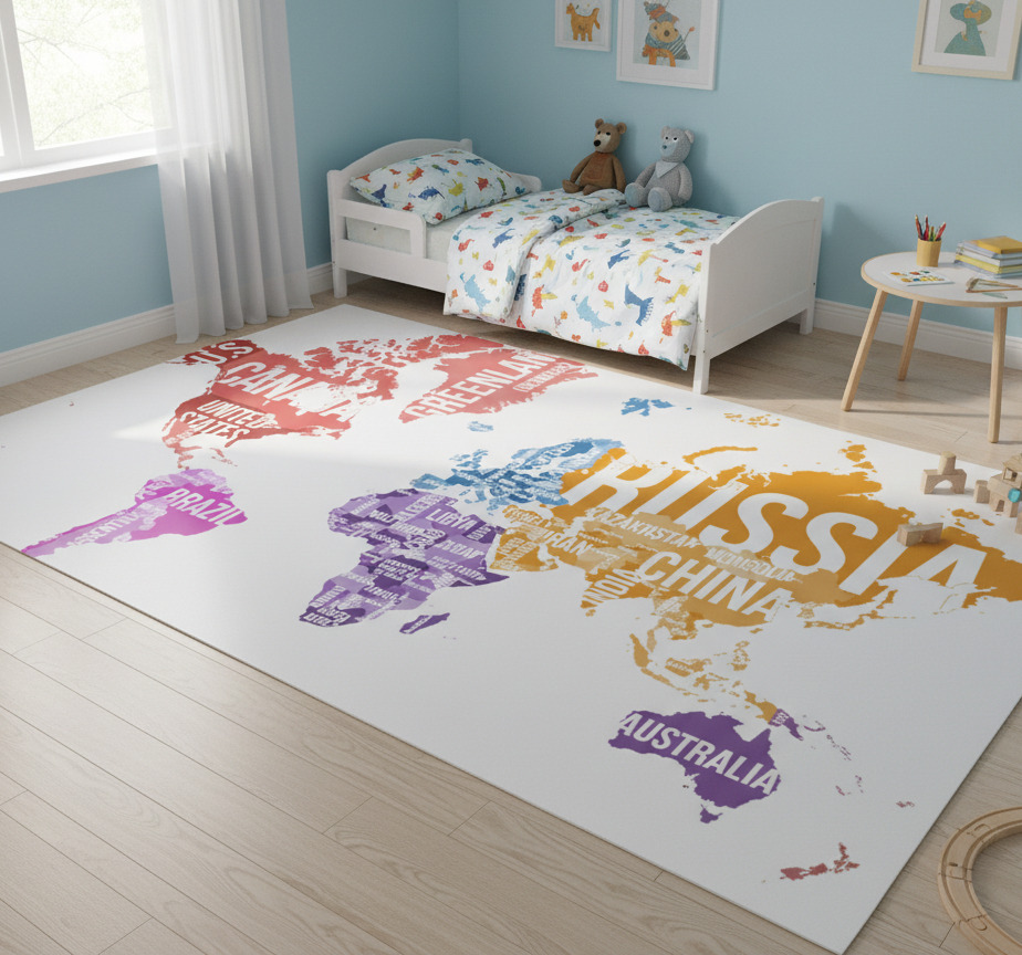 Tenstickers Vinyl tapijt wereldkaart met namen en grenzen