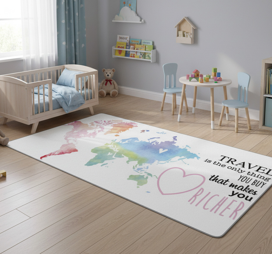 Tenstickers Vinyl tapijt wereldkaart met tekst over reizen en