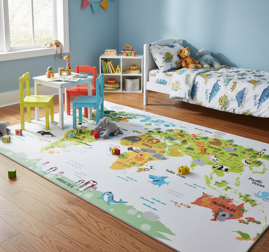 Tenstickers Vinyl tapijt wereldkaart dieren thema en