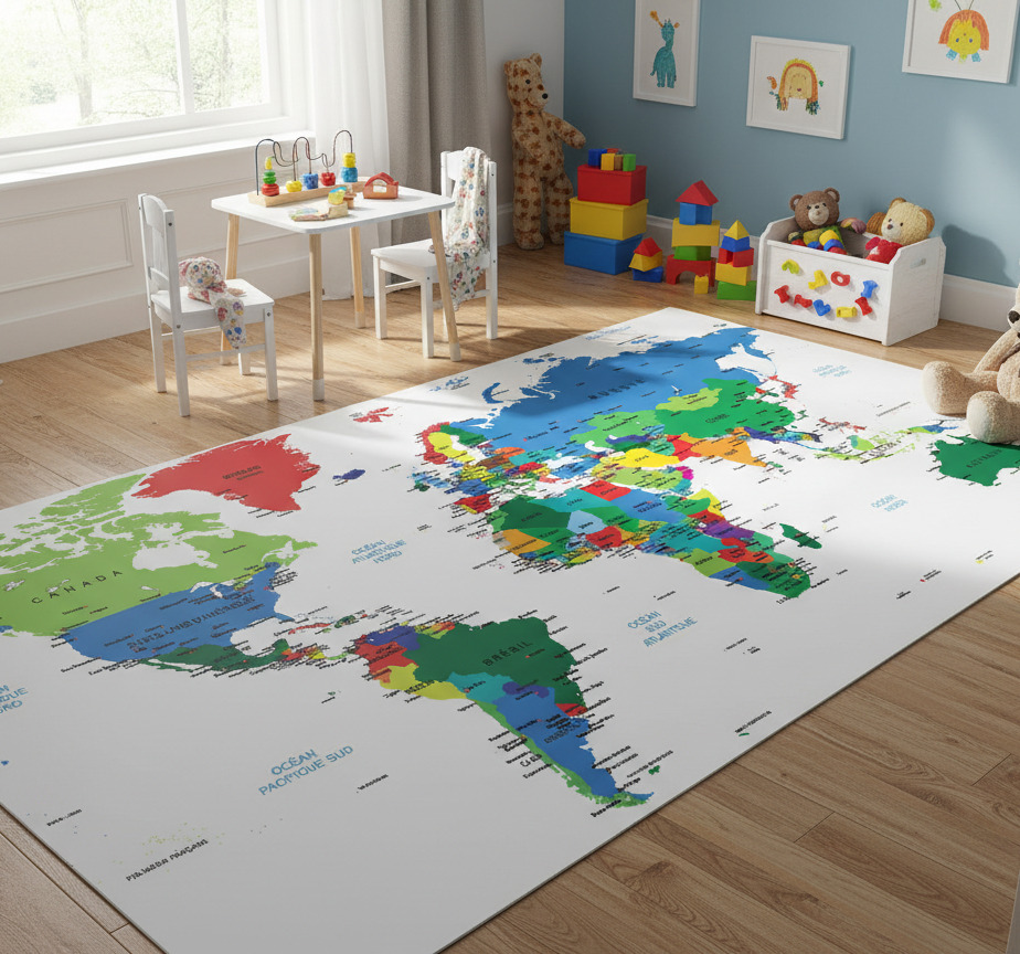 Tenstickers Vinyl tapijt wereldkaart carte du monde en couleur