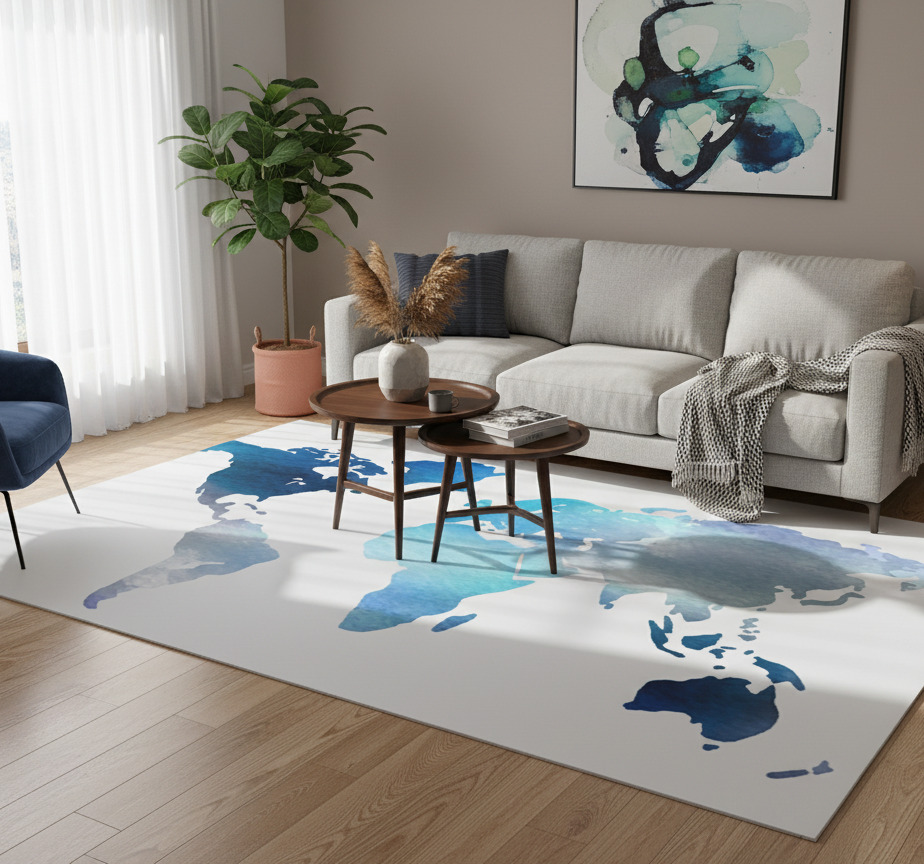 Tenstickers Vinyl tapijt wereldkaart aquarel in blauwtinten