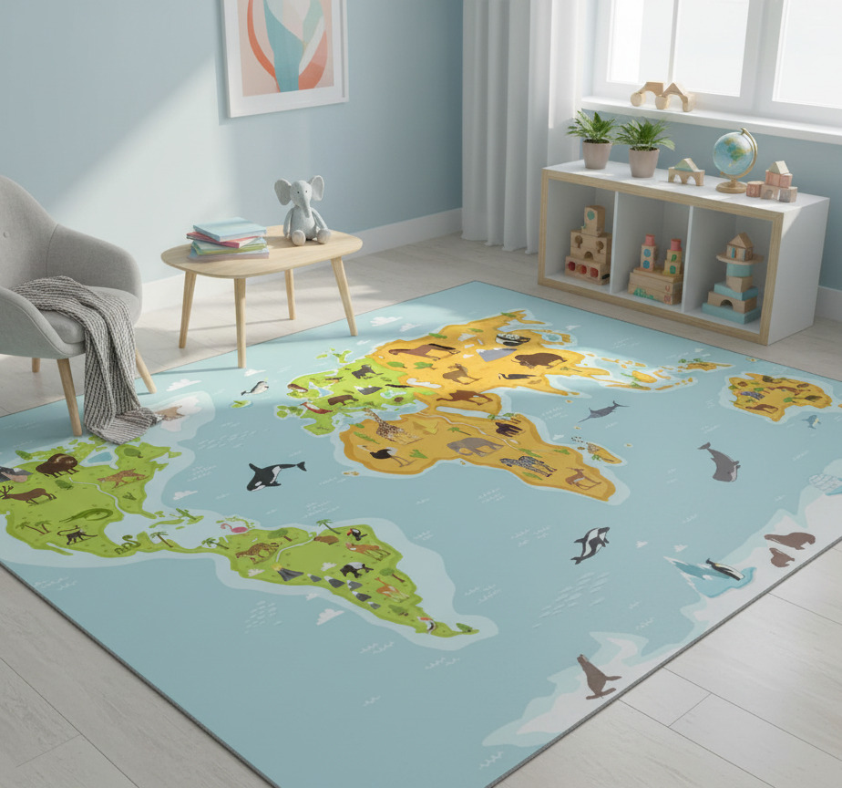 Tenstickers Vinyl tapijt wereldkaart dieren en planten