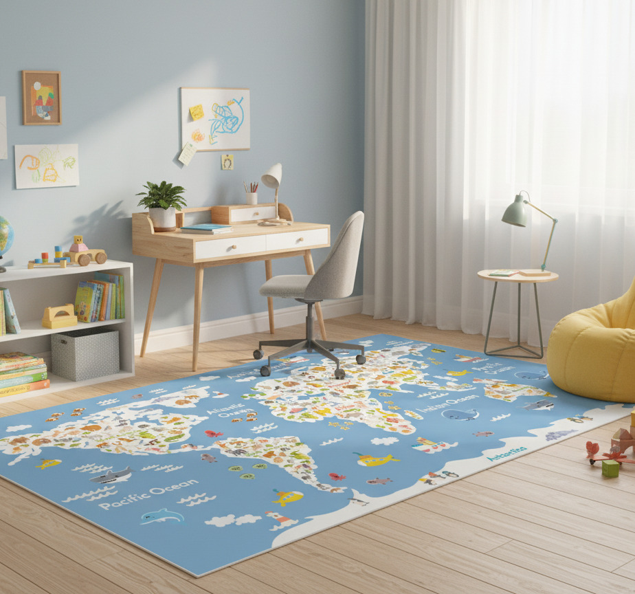 Tenstickers Vinyl tapijt wereldkaart witte fauna voor kinderen