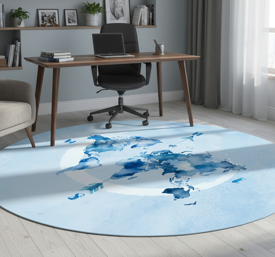 Tenstickers Vinyl tapijt wereldkaart aquarel blauwe wereldkaart