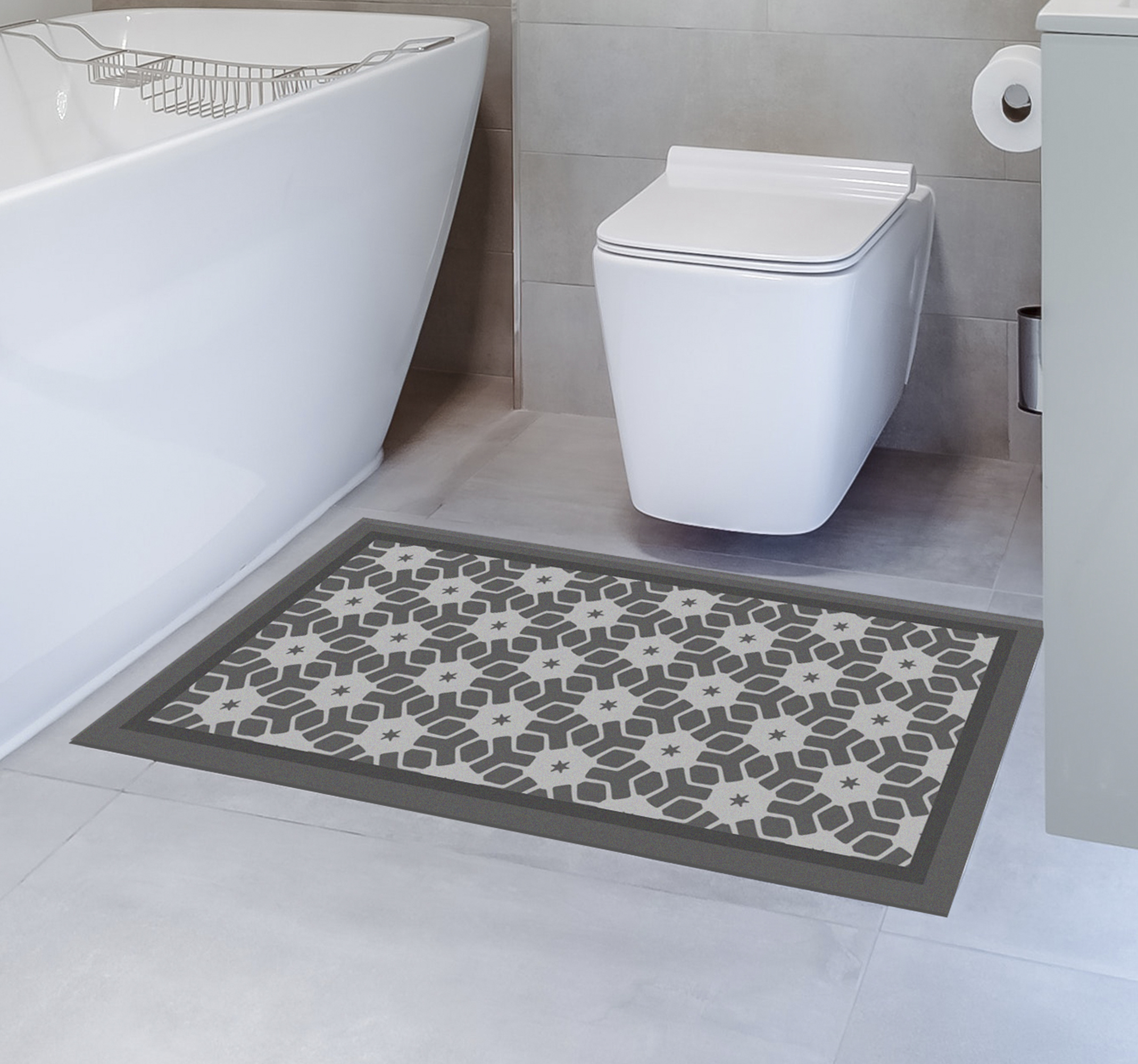 Alfombra vinílica baño gris mosaico de estrellas
