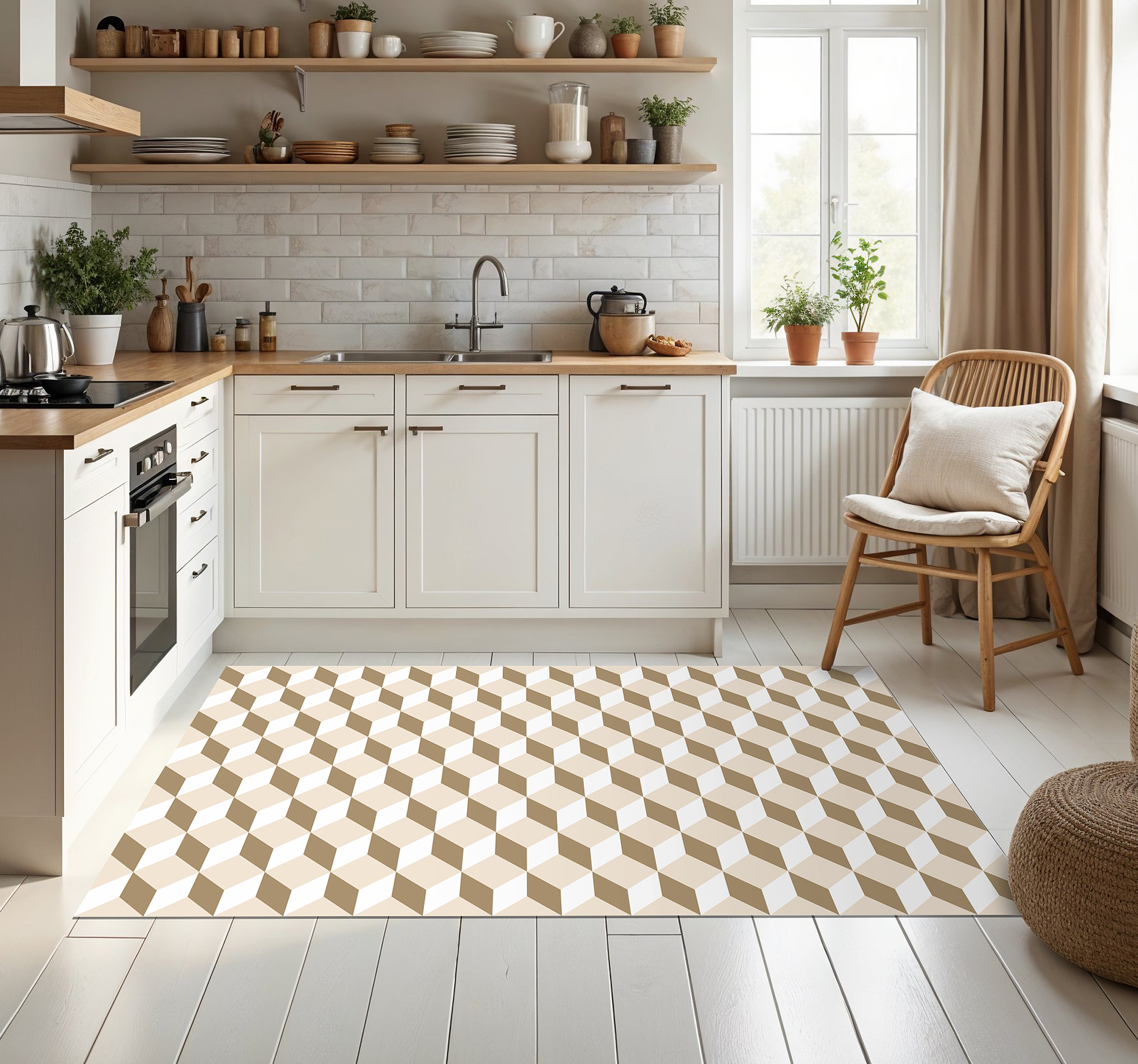 Alfombra vinílica cocina moderna cubos beige