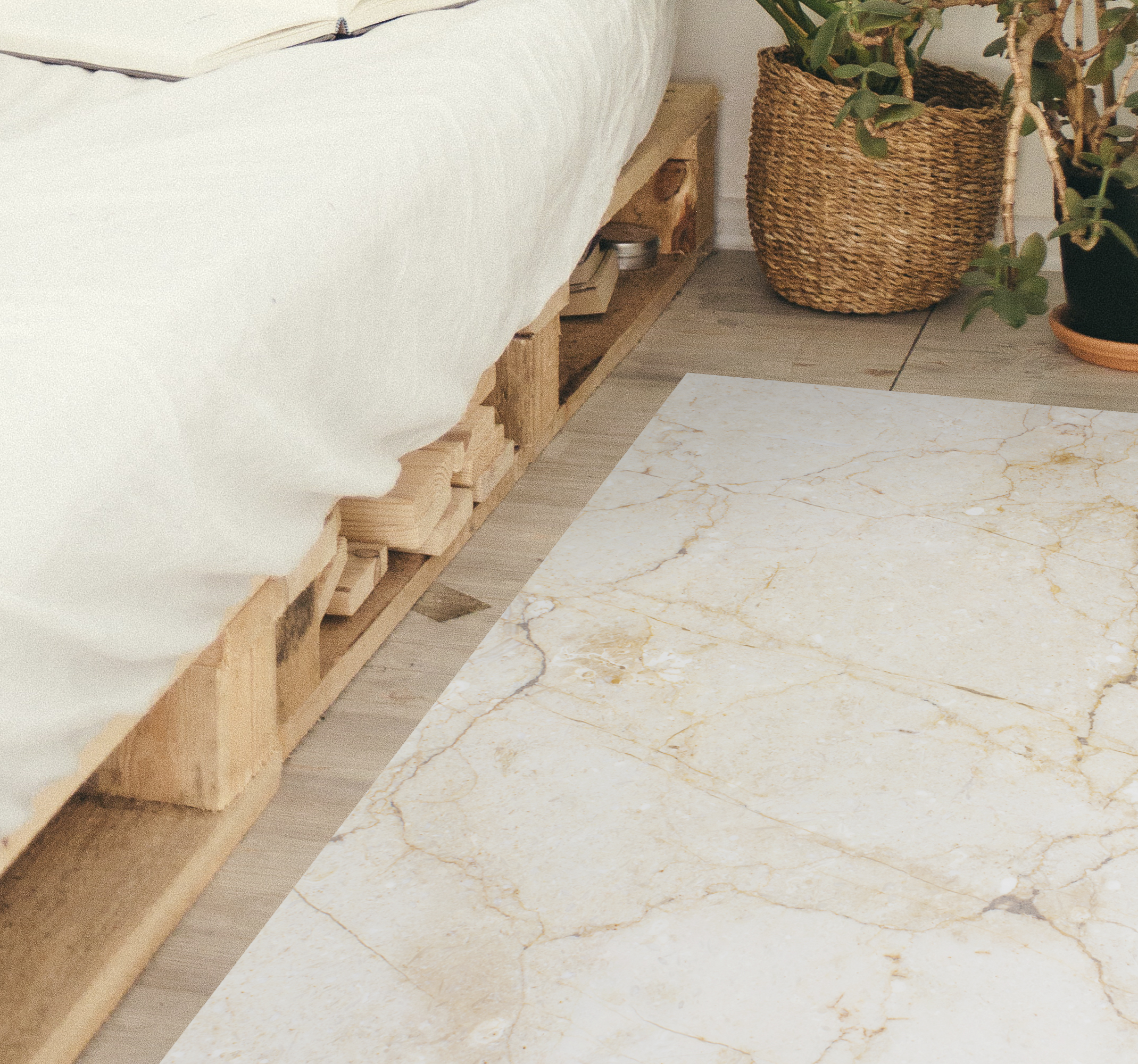 Alfombra vinílica dormitorio efecto mármol blanco