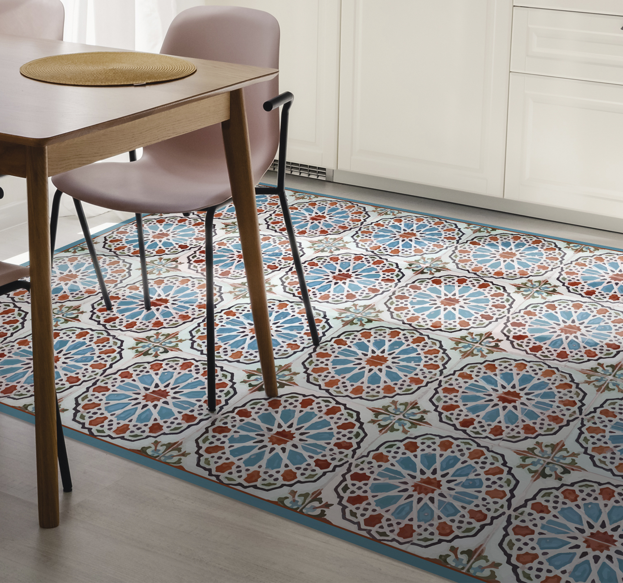 Alfombra vinílica cocina círculos azul vintage