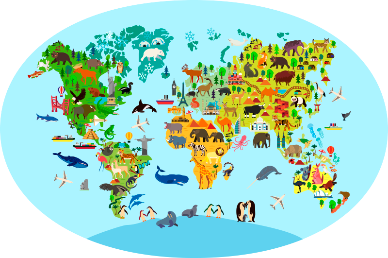 Tenstickers Wereldkaart vinyl tapijt Fauna en vegetatie