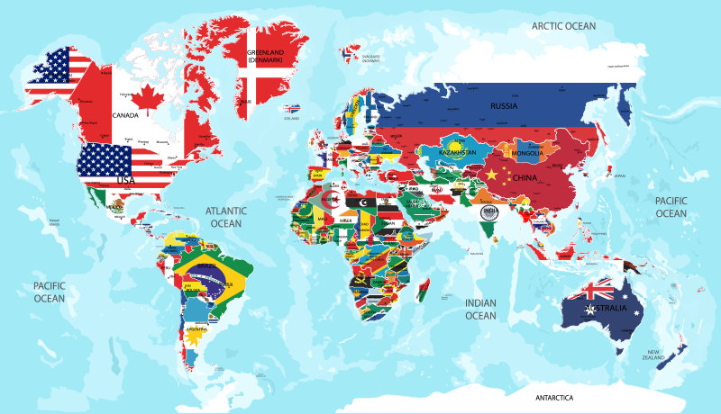 atlas karta världen Världen flaggor karta vinyl matta   Tenstickers