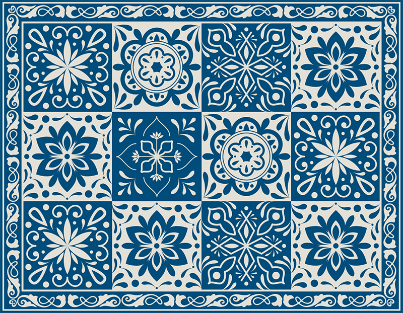 Blue Kitchen Rug Printed on Vinyl Floor Mat. Spanish Tiles 