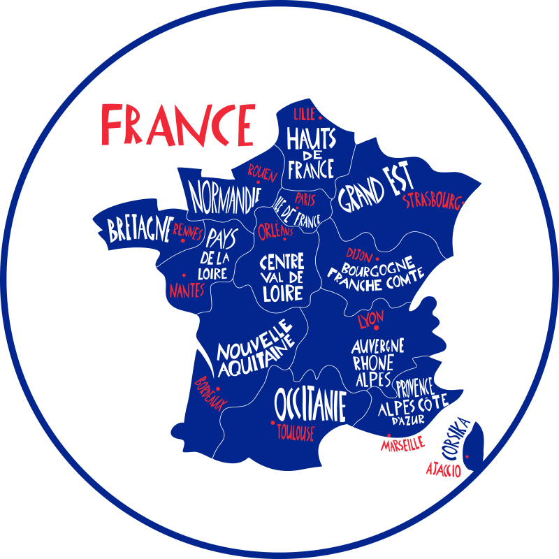 スクールカードフランスの州の世界地図の敷物 Tenstickers
