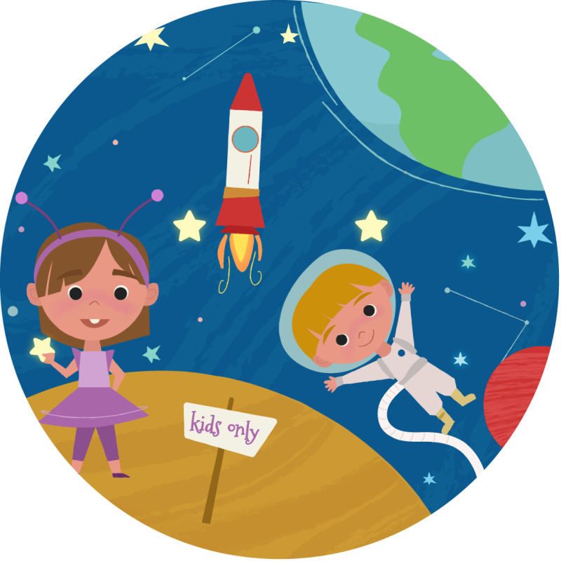 Desenho animado crianças brincando no tapete estrela do espaço - TenStickers