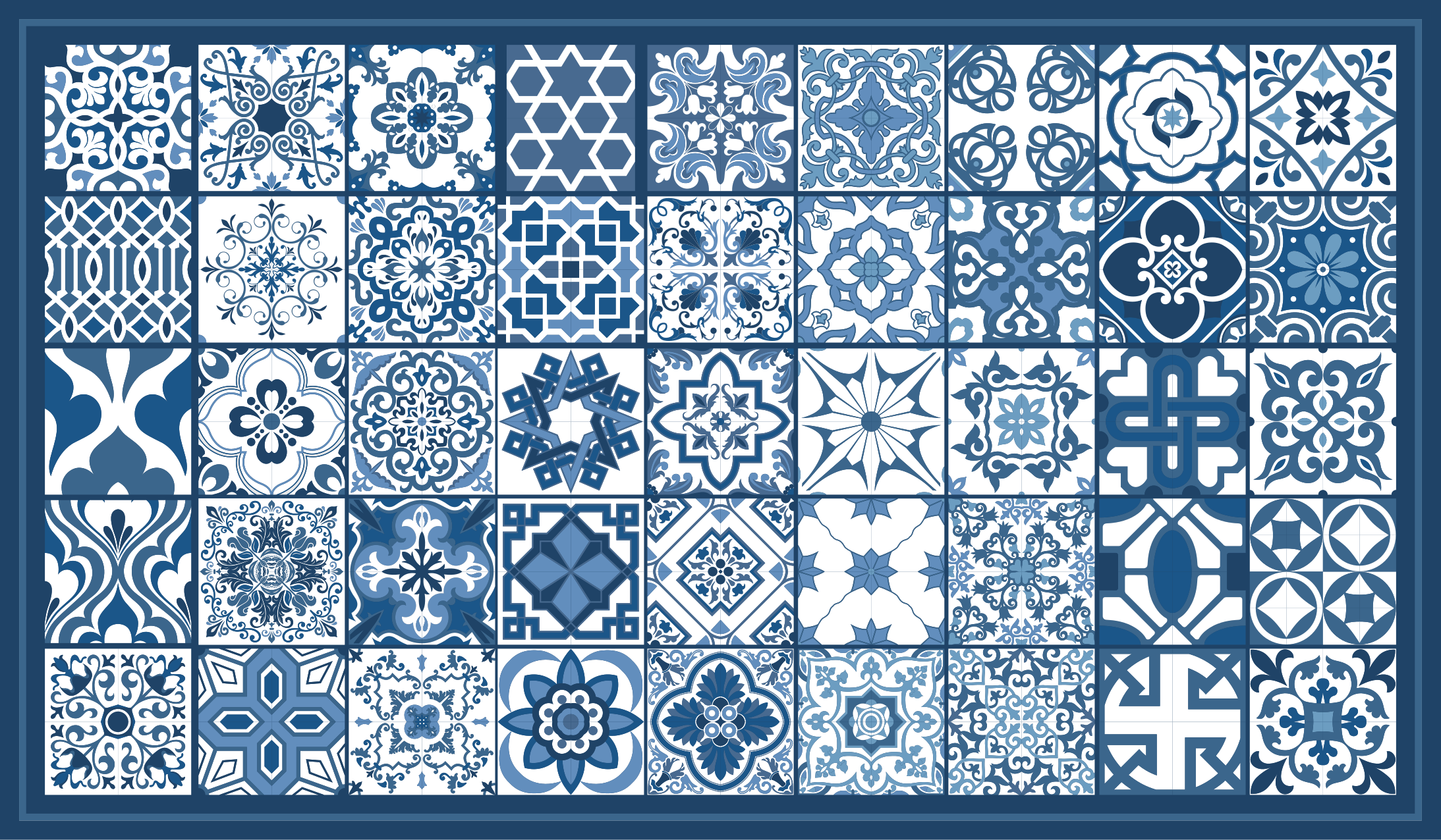 青と白のモザイクパターンタイルマット Tenstickers