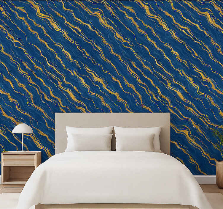 Master bedroom wallpaper in blue and gold marble - TenStickers