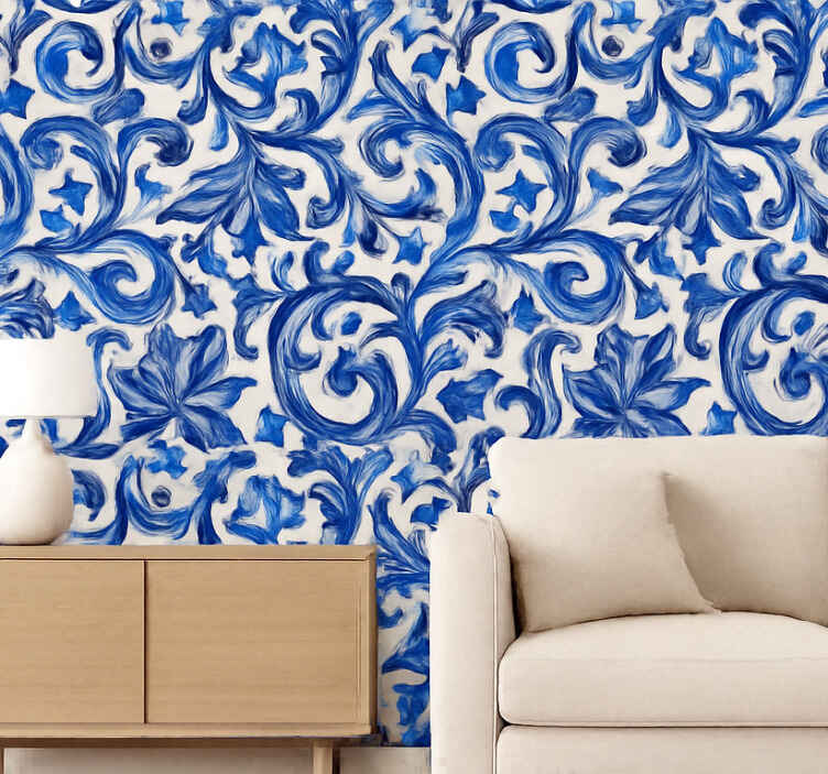 Papel tapiz para pared diseño de adornos azules - TenVinilo