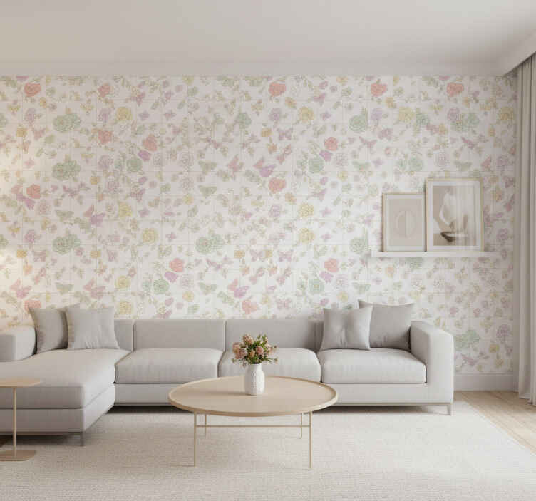 Papel tapiz flores mariposas en suave color - TenVinilo
