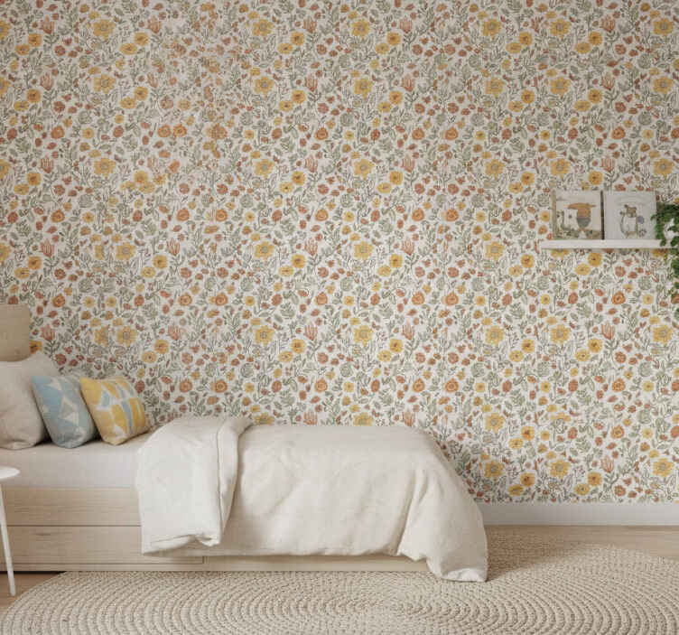 Flower wallpaper rustic garden yellow - TenStickers