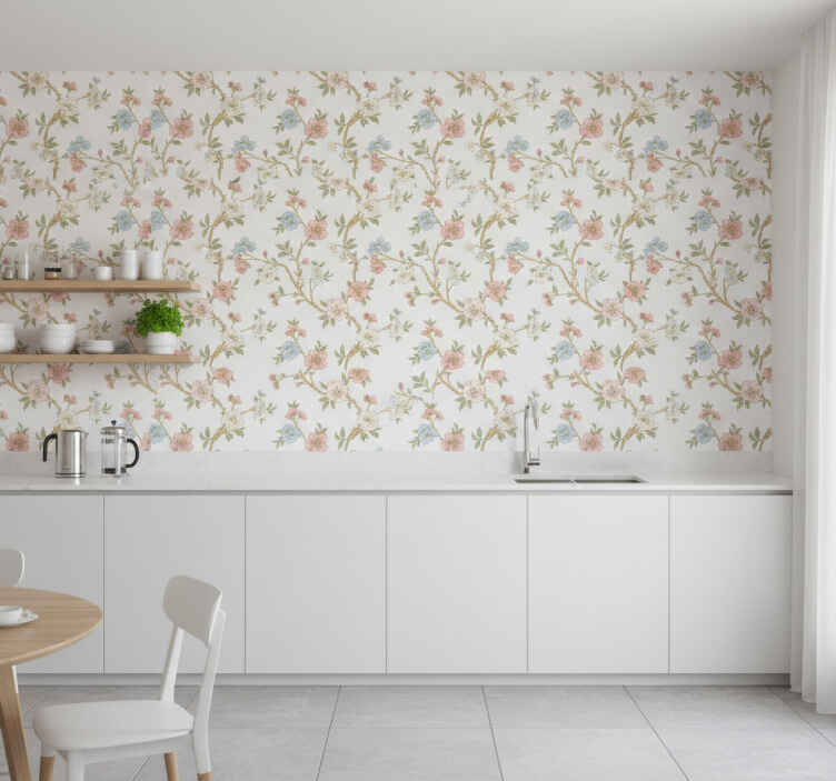 Papel pintado flores estilo ramas en flor - TenVinilo