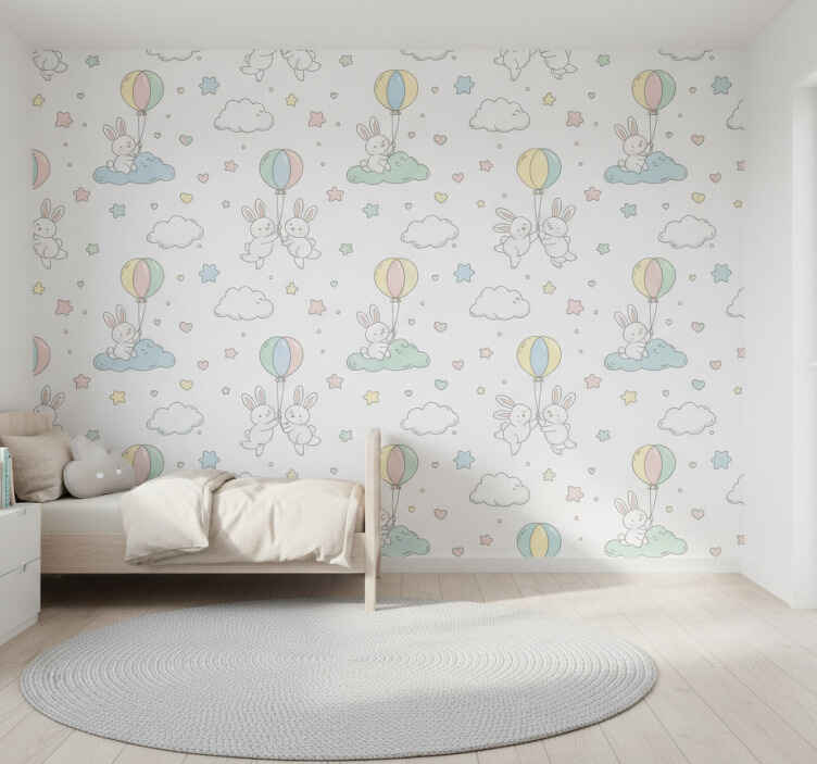 Kids wallpaper featuring rabbits and balloons - TenStickers