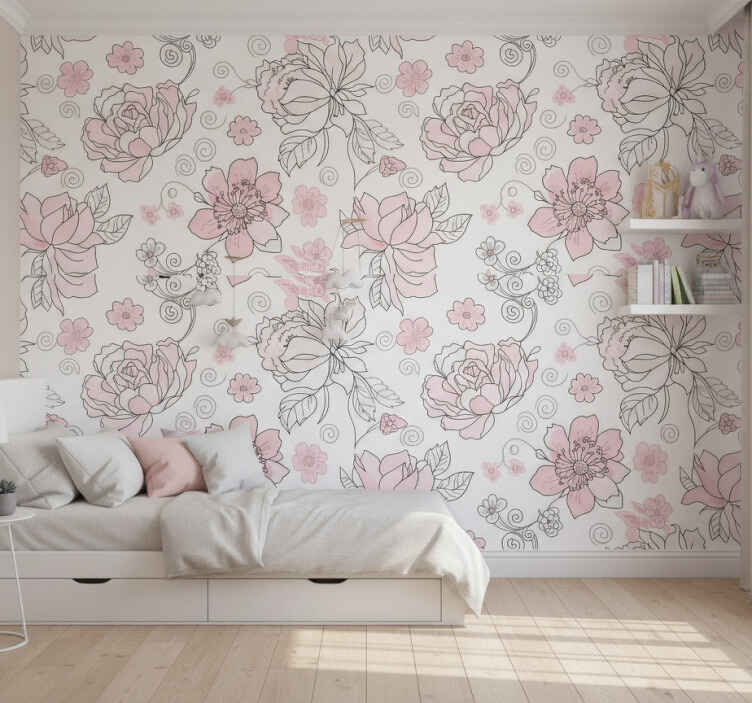 Leaf wallpaper in black and pink floral design - TenStickers