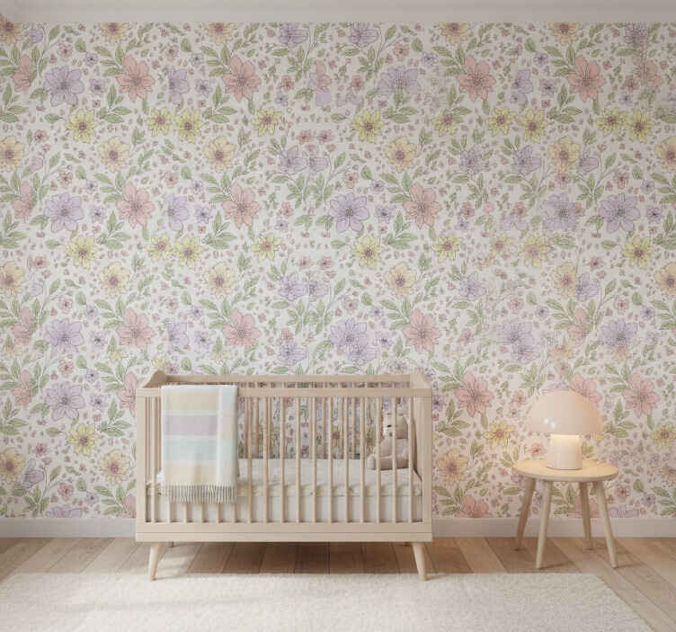 Leaf wallpaper with soft flowers in various colors - TenStickers