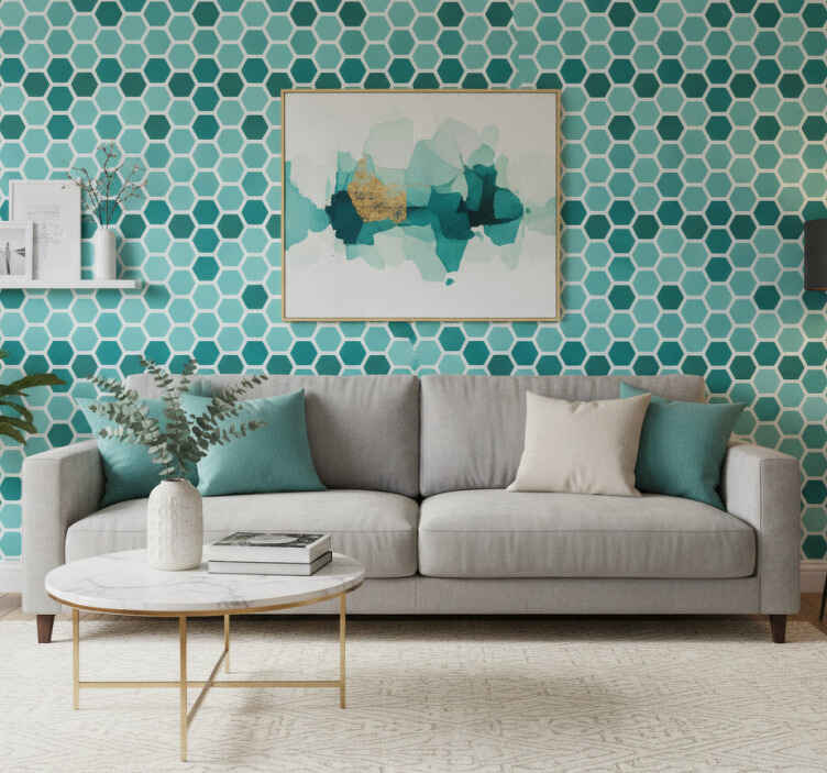 Blue wallpaper with turquoise hexagon pattern - TenStickers