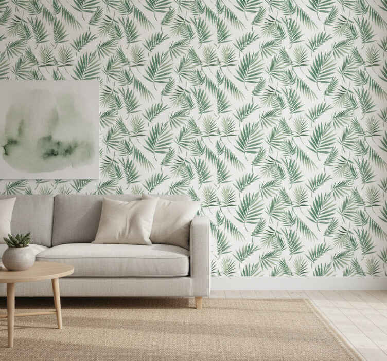 Vit tapet skandinavisk design grönt bladmönster - Tenstickers