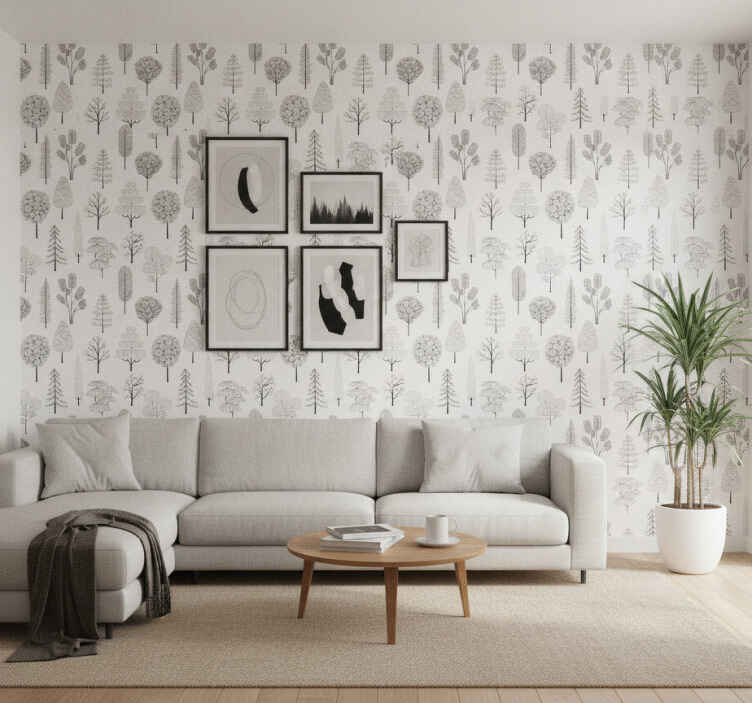 Papel tapiz blanco con diseño de árbol - TenVinilo