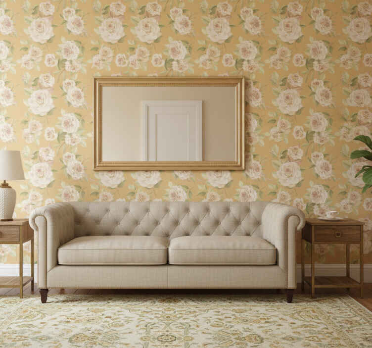 Papel tapiz beige estampado de rosas provinciales - TenVinilo