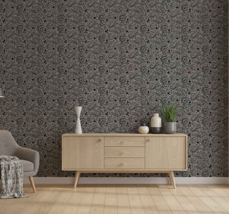 Grey wallpaper with decorative swirl patterns - TenStickers