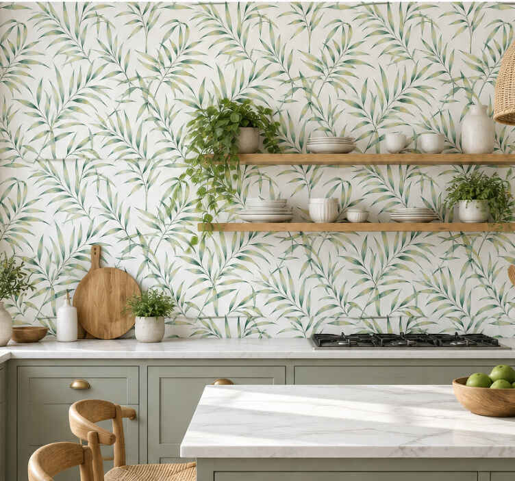 Papel tapiz cocina hojas tropicales elegantes - TenVinilo