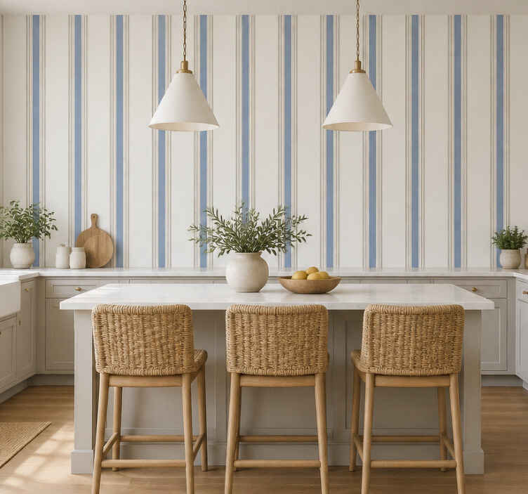 Papel tapiz cocina rayas azules y beige - TenVinilo